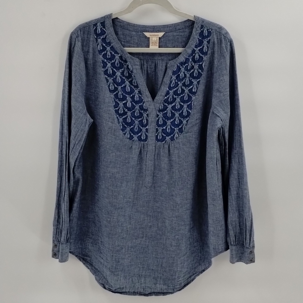 Sundance blue chambray pullover blouse size large textured front linen/cotton